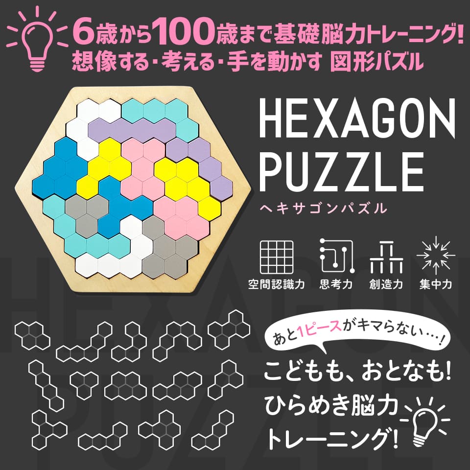 木製!ひらめき 図形パズル HEXAGON PUZZLE(ヘキサゴンパズル)