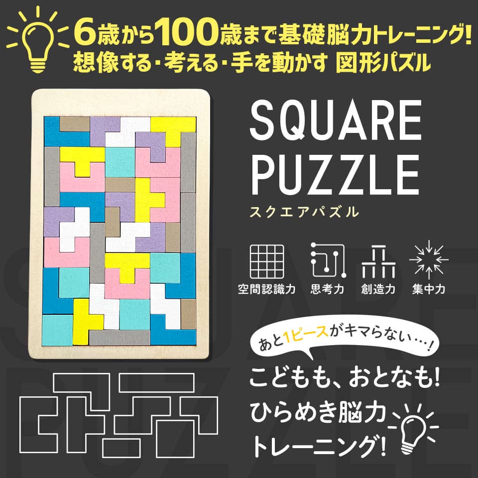 木製！ひらめき　図形パズル　SQUARE PUZZLE (スクエアパズル)　